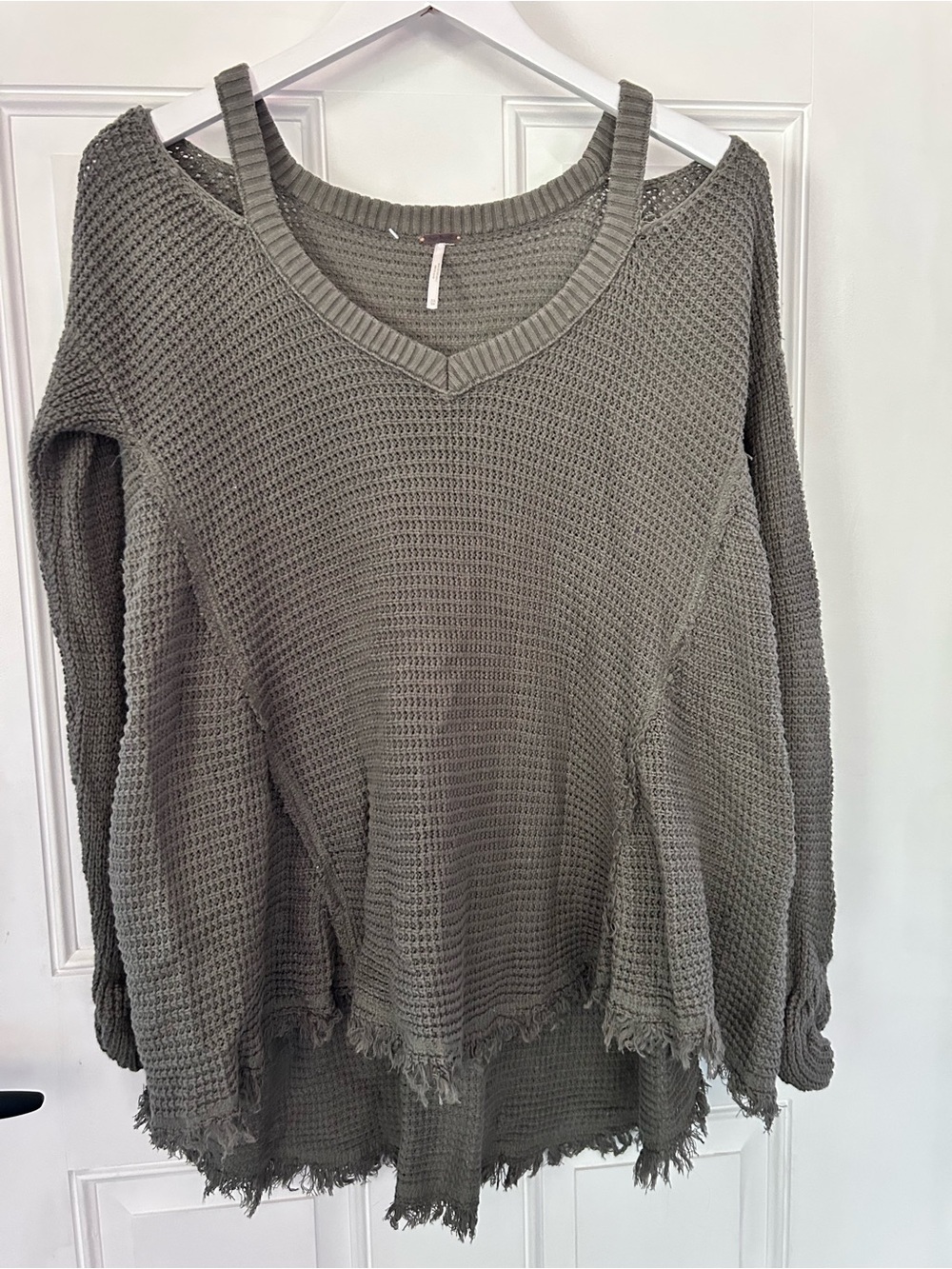 Free People Olive Green Waffle-Knit Cold-Shoulder Long Sleeve Top